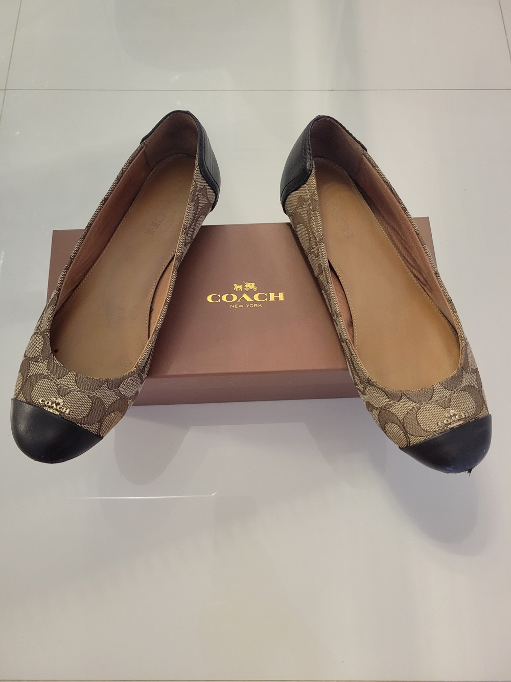 Coach Signature Canvas Flats with Brown Cap Toe